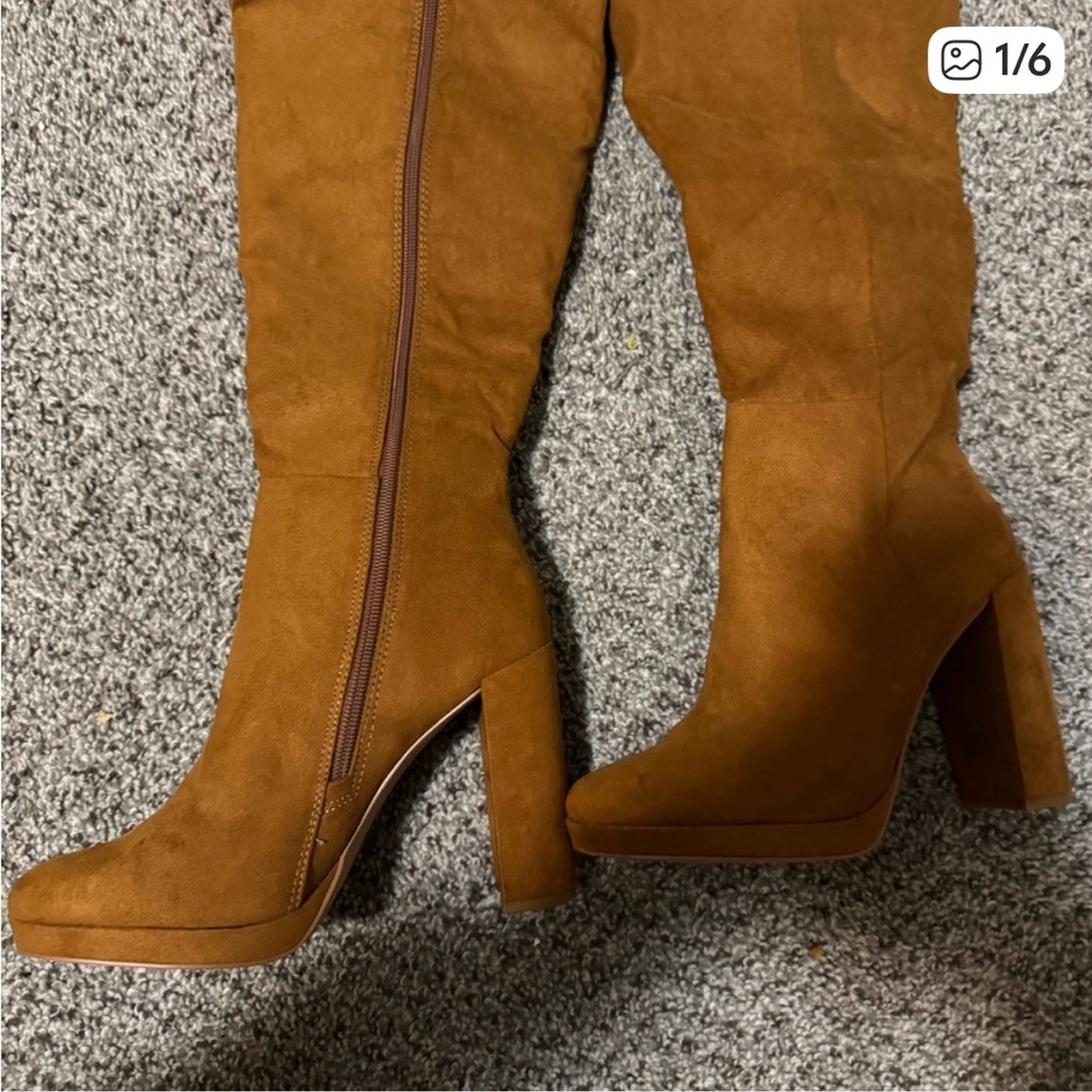 Tan Suede-like Knee-High Boots
